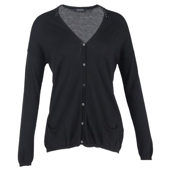 'S Max Mara Embellished Buttoned Cardigan in Black Wool - Picture 1 of 3